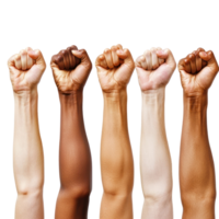 diverse fists raised high in unity isolate on transparent background png