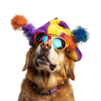 A dog wearing clown jester hat and glasses, standing isolate on transparent background png