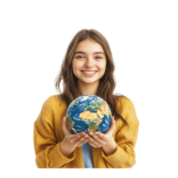 Smiling young woman holding earth, Earth day celebration isolate on transparent background png