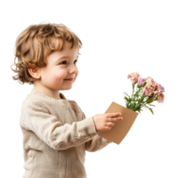 Child giving a handmade card or flowers to mom side view isolate on transparent background png