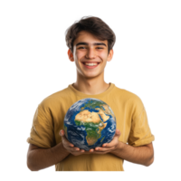 Smiling young man holding earth, Earth day celebration isolate on transparent background png