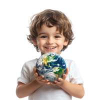 Smiling little boy holding earth, Earth day celebration isolate on transparent background png