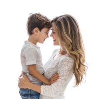 Mother and son celebrating mother day standing side view isolate on transparent background png