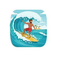 Man Surfing on Big Wave Near Tropical Island on Sunny Day vector