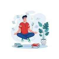 Man Meditating with Headphones Amidst Flying Papers Achieving Calmness vector