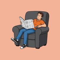 Man Relaxing in Armchair Reading Newspaper with Remote Control vector