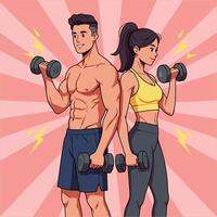 Man and Woman Working Out with Dumbbells Illustration with Energy Vibes vector