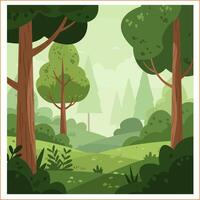 Explore the Green Forest Landscape Cartoon Style with Towering Trees vector