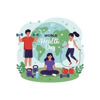 Celebrating World Health Day with Exercise, Yoga and Healthy Living vector