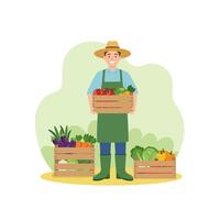 Farmer Harvesting Fresh Vegetables in Crates at Local Organic Farm vector