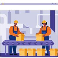 Workers Packing Boxes on Conveyor Belt in Factory Illustration vector
