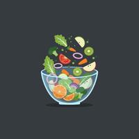 Preparing Fresh Vegetable and Fruit Salad in a Glass Bowl vector