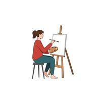Woman Painting on Canvas with Easel and Palette in Studio vector