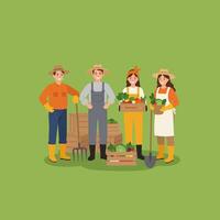 Group of Happy Farmers with Harvested Vegetables and Farm Tools vector