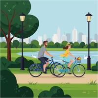 Couple Riding Bicycles in City Park with Lake and Skyline vector