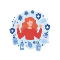 Woman Protecting Herself with Sanitizers Masks and Shields Against Viruses vector