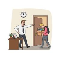Employee Fired Cartoon Illustration Showing Angry Boss and Leaving Worker vector