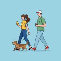 People Walking Dog and Drinking Coffee, Using Mobile Phone Together vector