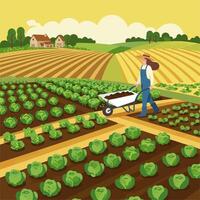 Farmer Working in Vegetable Field with Wheelbarrow Rural Farming Scene vector