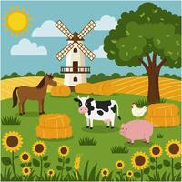 Farm Animals and Windmill on a Sunny Day with Hay Bales vector