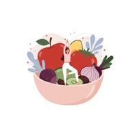 Woman Practicing Yoga in Bowl with Fresh Fruits and Vegetables vector