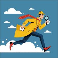 Detective Running with Magnifying Glass in Cloudy Sky Illustration Style vector