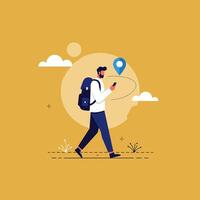Man Walking with Backpack Using Phone for Navigation or Travel vector