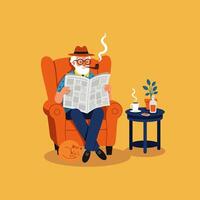 Senior Man Relaxing with Newspaper, Pipe and Cat in Cozy Chair vector