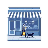 Man Walking Dog Past Coffee Shop with Groceries in Daytime vector