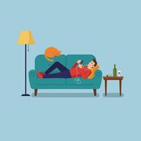 Man Relaxing on Couch with Cat Listening to Music at Home vector