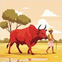 Farmer Walking with Red Bull in Rural Indian Agricultural Scene vector