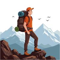 Man Hiking in Mountains with Backpack Enjoying the Scenic View vector