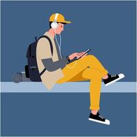 Young Man Using Tablet and Listening to Music While Traveling Alone vector