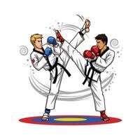 Two Taekwondo Fighters Kicking High in Martial Arts Sparring Action vector