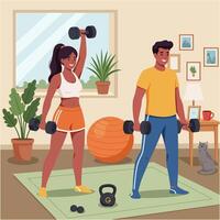 Couple Working Out Together at Home with Dumbbells and Kettlebell vector