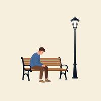 Man Sitting Alone on Bench with Streetlight Feeling Sad or Depressed vector