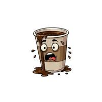 Cartoon Coffee Cup Character Spilling Drink with Scared Face Expression vector