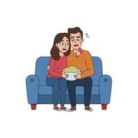 Couple Watching Horror Movie on Couch with Scared Expressions and Popcorn vector