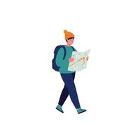 Man Hiking and Reading a Map Outdoors During a Travel Adventure vector