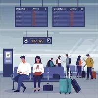 People Waiting in Airport Terminal with Luggage Checking Flight Information vector