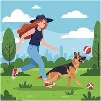 Woman Running and Playing Fetch with Dog in Park Illustration vector