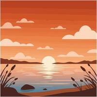 Tranquil Lake at Sunset with Reeds and Calm Water Reflection vector