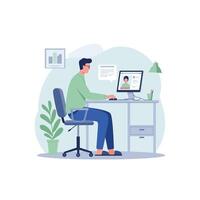 Man Attending Online Meeting on Computer From Home Office vector