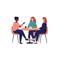 Women Meeting at Cafe Discussing Ideas Around Table in Casual Setting vector