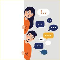 Surprised Man and Woman Peering From Behind a Sign with Speech Bubbles vector