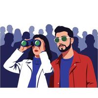 People Looking Through Binoculars in Crowd and Man with Sunglasses vector