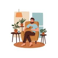 Man Relaxing in Armchair with Dog and Plants at Home vector