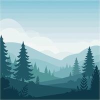 Calm Evergreen Forest with Mountain Background in Blue Color Palette vector