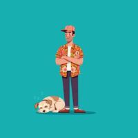 Man Standing with Sleeping Dog in Cartoon Style Illustration Art vector