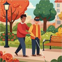 Man Assisting Blind Person Walking in Park with Cane vector